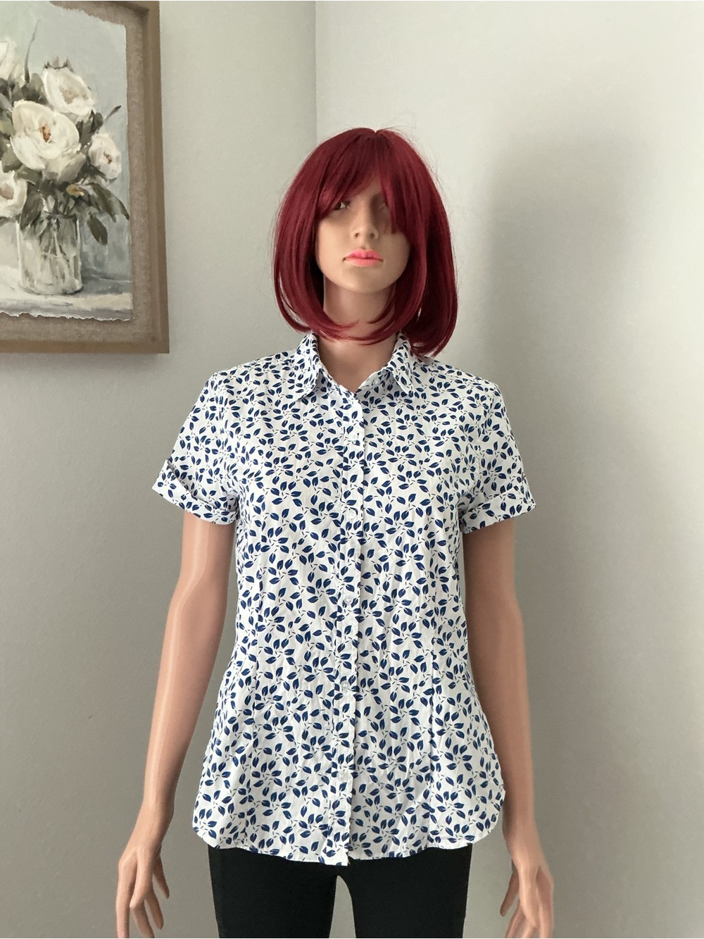 Liz Claiborne White Button-Down Shirt with Navy Leaf Print